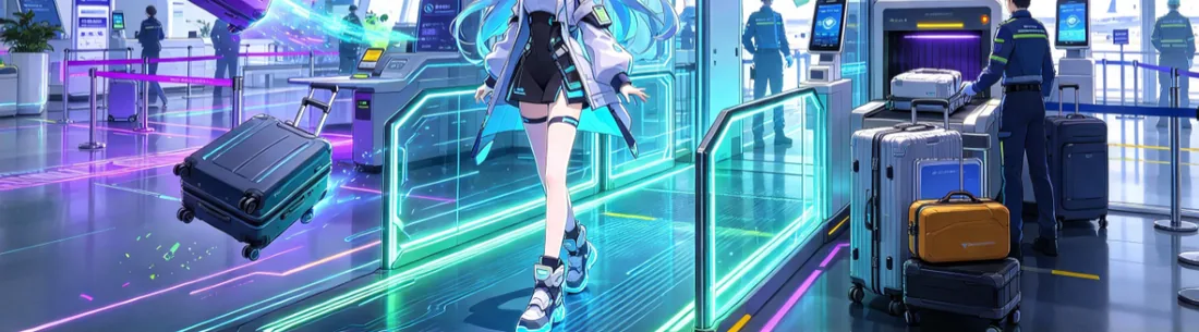 机场安检通道里少女与机器人的动漫风插画(下半)