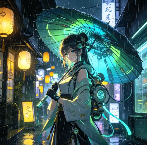 霓虹灯下撑伞的赛博风人物插画